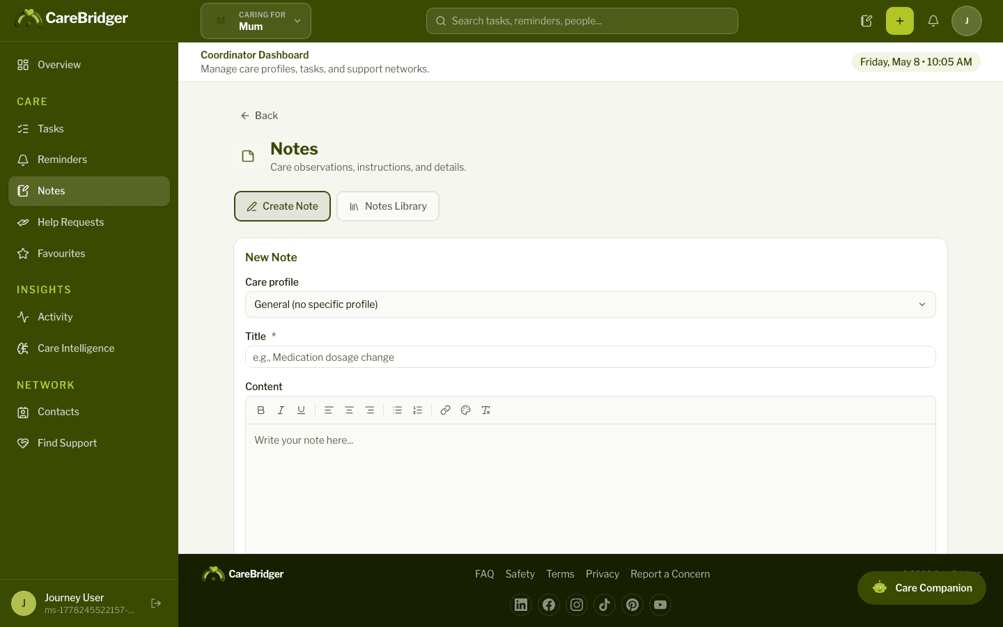 CareBridger notes view with searchable, profile-tagged entries