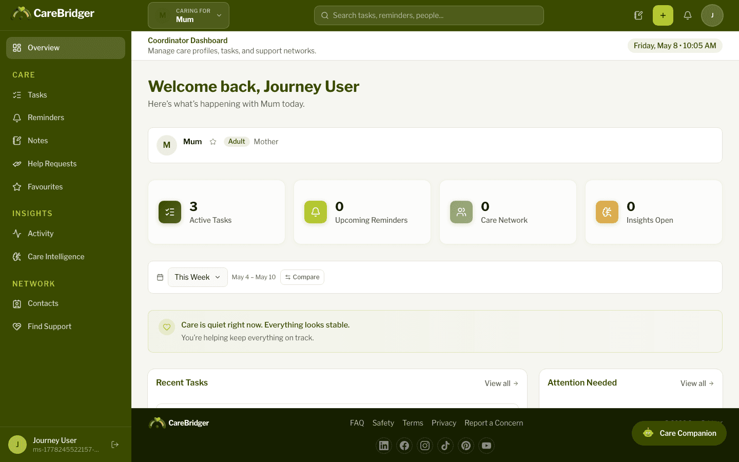 CareBridger dashboard overview showing tasks, reminders, and care intelligence cards