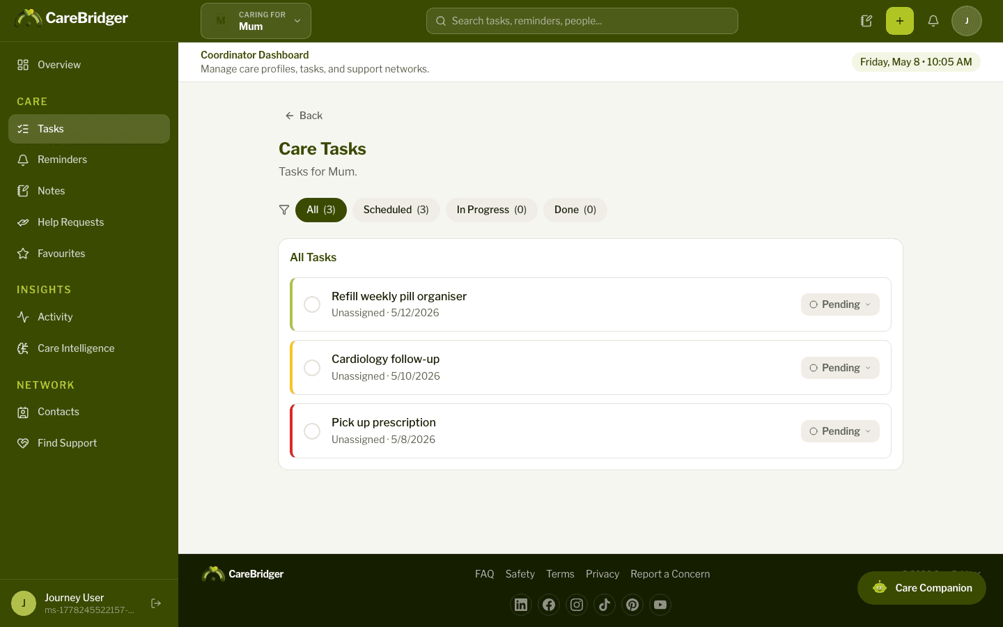CareBridger tasks page with priorities and due dates